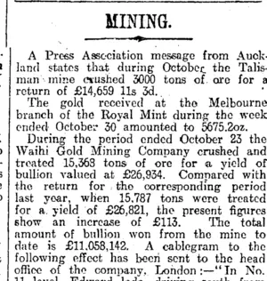 MINING. (Otago Daily Times 10-11-1915)