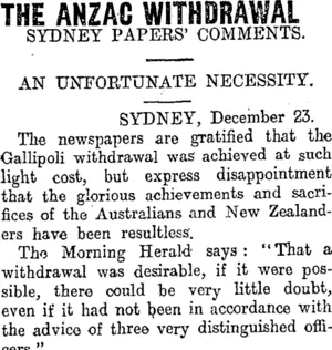 THE ANZAC WITHDRAWAL (Otago Daily Times 24-12-1915)