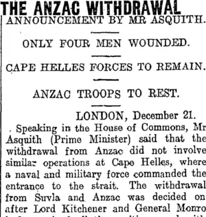 THE ANZAC WITHDRAWAL (Otago Daily Times 23-12-1915)