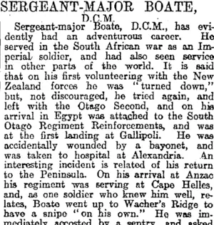 SERGEANT-MAJOR BOATE, D.C.M. (Otago Daily Times 15-1-1916)