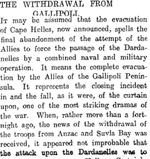 THE WITHDRAWAL FROM GALLIPOLI (Otago Daily Times 11-1-1916)