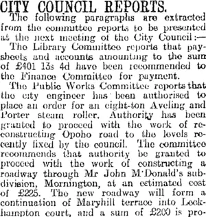 CITY COUNCIL REPORTS. (Otago Daily Times 24-1-1916)