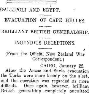 GALLIPOLI AND EGYPT. (Otago Daily Times 25-1-1916)