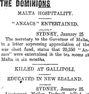 THE DOMINIONS (Otago Daily Times 26-1-1916)