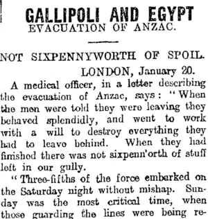 GALLIPOLI AND EGYPT (Otago Daily Times 22-1-1916)