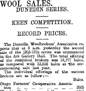 WOOL SALES. (Otago Daily Times 4-2-1916)