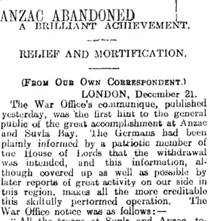ANZAC ABANDONED (Otago Daily Times 9-2-1916)