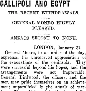 GALLIPOLI AND EGYPT (Otago Daily Times 2-2-1916)