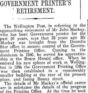 GOVERNMENT PRINTER'S RETIREMENT. (Otago Daily Times 22-2-1916)