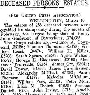 DECEASED PERSONS' ESTATES. (Otago Daily Times 11-3-1916)