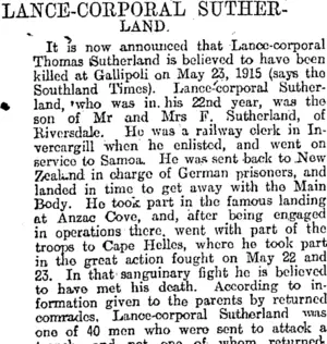 LANCE-CORPORAL SUTHERLAND. (Otago Daily Times 29-3-1916)