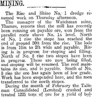 MINING. (Otago Daily Times 20-3-1916)
