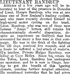 LIEUTENANT RANDRUP. (Otago Daily Times 14-4-1916)