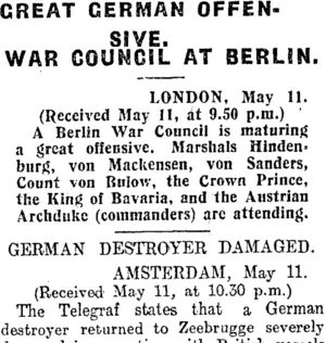 GREAT GERMAN OFFENSIVE. (Otago Daily Times 12-5-1916)