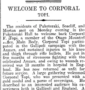 WELCOME TO CORPORAL TOPI. (Otago Daily Times 15-6-1916)