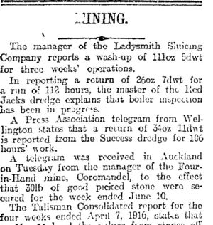 MINING. (Otago Daily Times 17-6-1916)