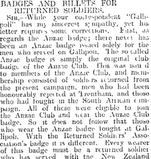BADGES AND BILLETS FOR RETURNED SOLDIERS. (Otago Daily Times 25-7-1916)