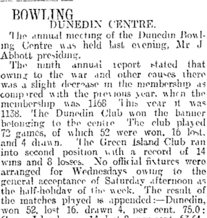 BOWLING. (Otago Daily Times 25-7-1916)