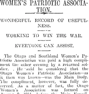 WOMEN'S PATRIOTIC ASSOCIATION. (Otago Daily Times 26-8-1916)