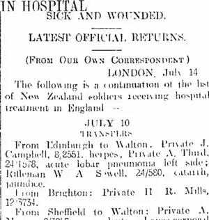 IN HOSPITAL (Otago Daily Times 11-9-1916)