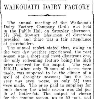WAIKOUAITI DAIRY FACTORY (Otago Daily Times 2-10-1916)