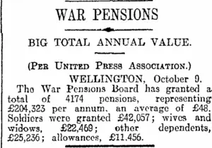 WAR PENSIONS (Otago Daily Times 10-10-1916)
