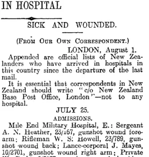 IN HOSPITAL (Otago Daily Times 24-10-1916)