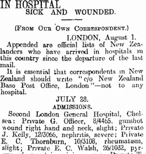 IN HOSPITAL (Otago Daily Times 26-10-1916)