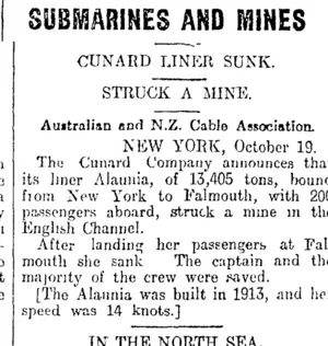 SUBMARINES AND MINES (Otago Daily Times 21-10-1916)