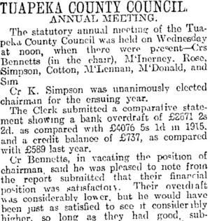 TUAPEKA COUNTY COUNCIL. (Otago Daily Times 5-12-1916)