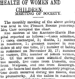HEALTH OF WOMEN AND CHILDREN. (Otago Daily Times 9-12-1916)