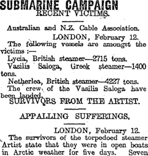 SUBMARINE CAMPAIGN (Otago Daily Times 14-2-1917)