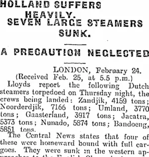HOLLAND SUFFERS HEAVILY. (Otago Daily Times 26-2-1917)