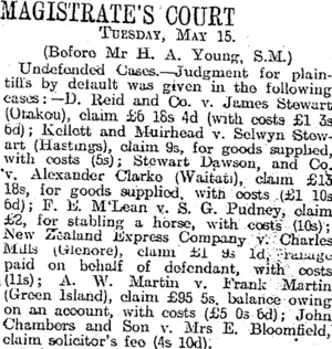 MAGISTRATE'S COURT (Otago Daily Times 16-5-1917)
