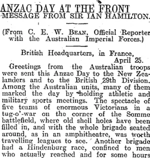 ANZAC DAY AT THE FRONT (Otago Daily Times 11-5-1917)