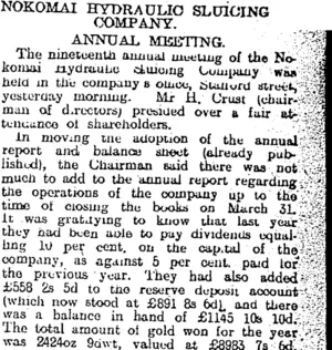 NOKOMAI HYDRAULIC SLUICING COMPANY. (Otago Daily Times 2-6-1917)