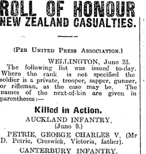 ROLL OF HONOUR (Otago Daily Times 25-6-1917)