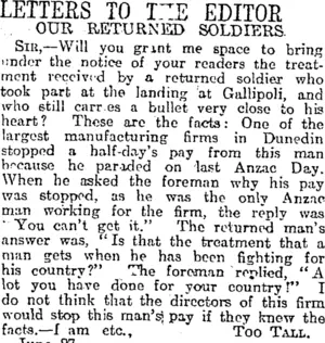 LETTERS TO THE EDITOR. (Otago Daily Times 28-6-1917)