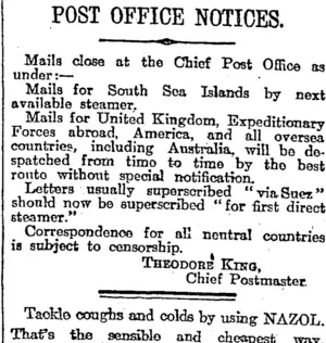 POST OFFICE NOTICES. (Otago Daily Times 10-7-1917)