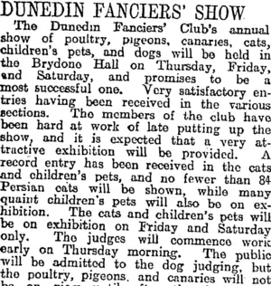 DUNEDIN FANCIERS' SHOW. (Otago Daily Times 11-7-1917)