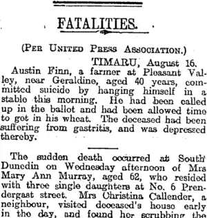 FATALITIES. (Otago Daily Times 17-8-1917)