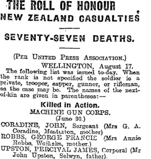 THE ROLL OF HONOUR (Otago Daily Times 18-8-1917)