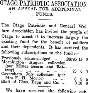 OTAGO PATRIOTIC ASSOCIATION (Otago Daily Times 20-8-1917)