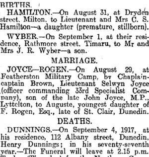 BIRTHS. (Otago Daily Times 6-9-1917)