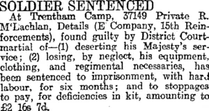 SOLDIER SENTENCED (Otago Daily Times 10-9-1917)