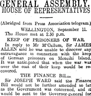GENERAL ASSEMBLY. (Otago Daily Times 12-9-1917)