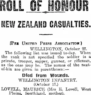 ROLL OF HONOUR (Otago Daily Times 29-10-1917)
