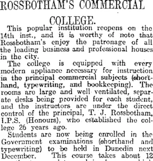 ROSSBOTHAM'S COMMERCIAL COLLEGE. (Otago Daily Times 10-1-1918)