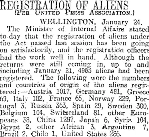 REGISTRATION OF ALIENS (Otago Daily Times 25-1-1918)
