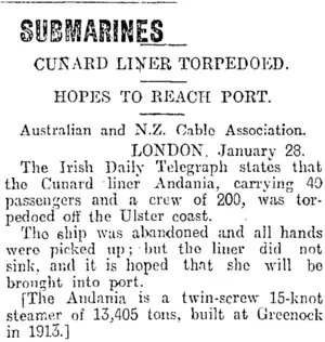 SUBMARINES (Otago Daily Times 30-1-1918)